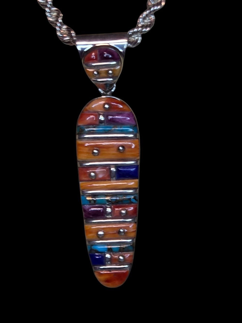 Sterling Silver Multi-Color Mosaic Inlay Elongated Pendant